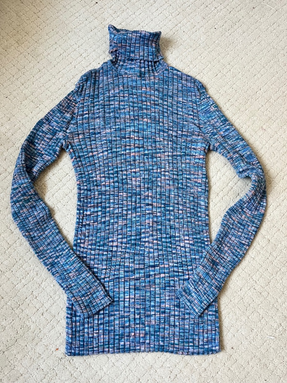 Sundance Ribbed Turtleneck Sweater Blue Multicolor Knit Fitted Boho Artsy Size M